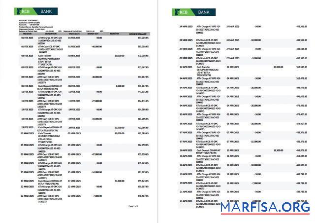 Printable Kenya KCB bank account statement word 2 pages real example